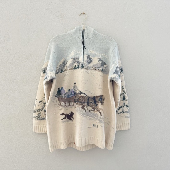 Ralph Lauren Sweaters - Ralph Lauren Vintage Sweater Sled Dog Scene Hooded Country Lambswool Hanknit 1X